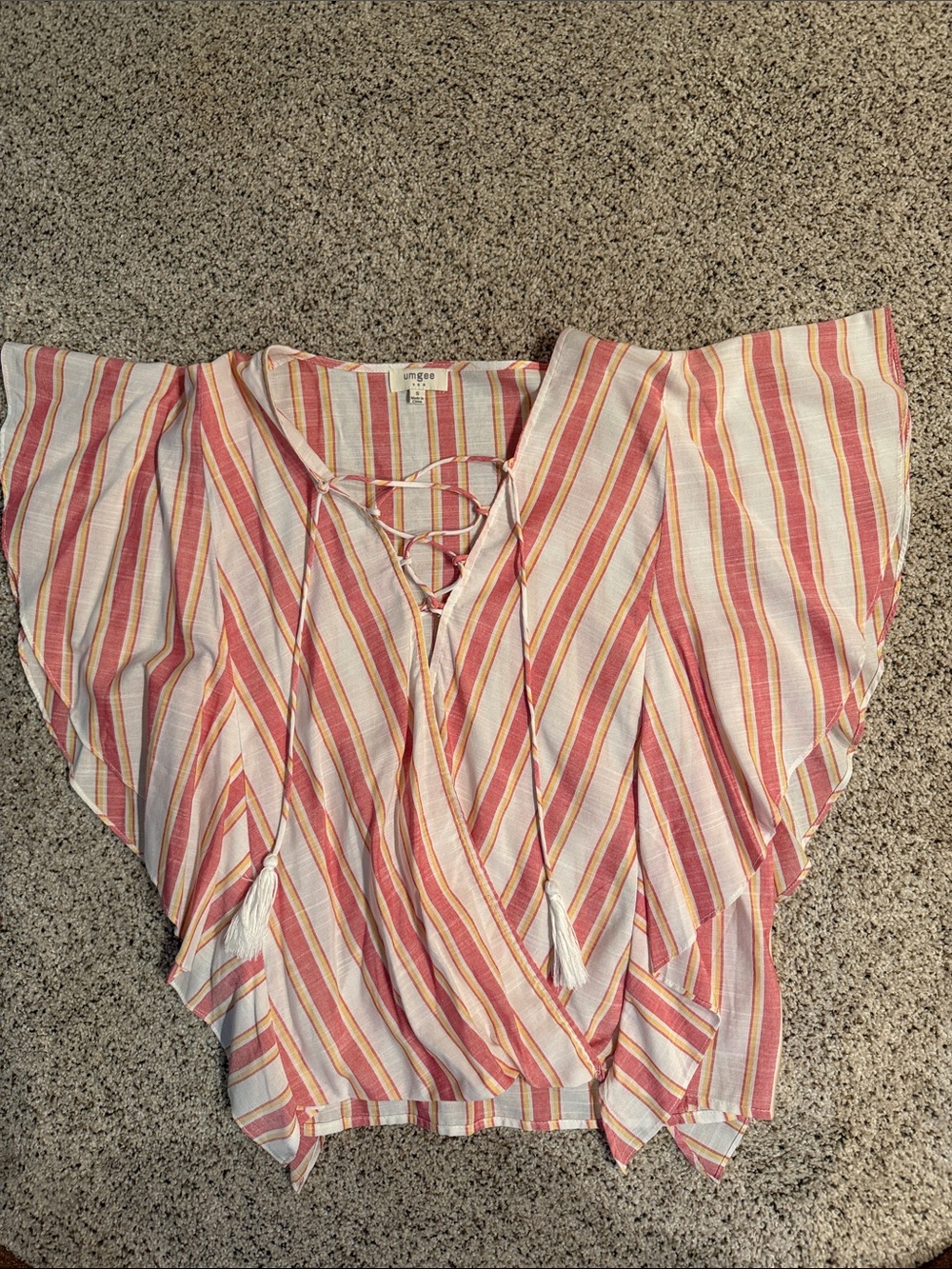 Umgee Pink and Cream Striped Lace-Up Flutter Sleeve Tunic